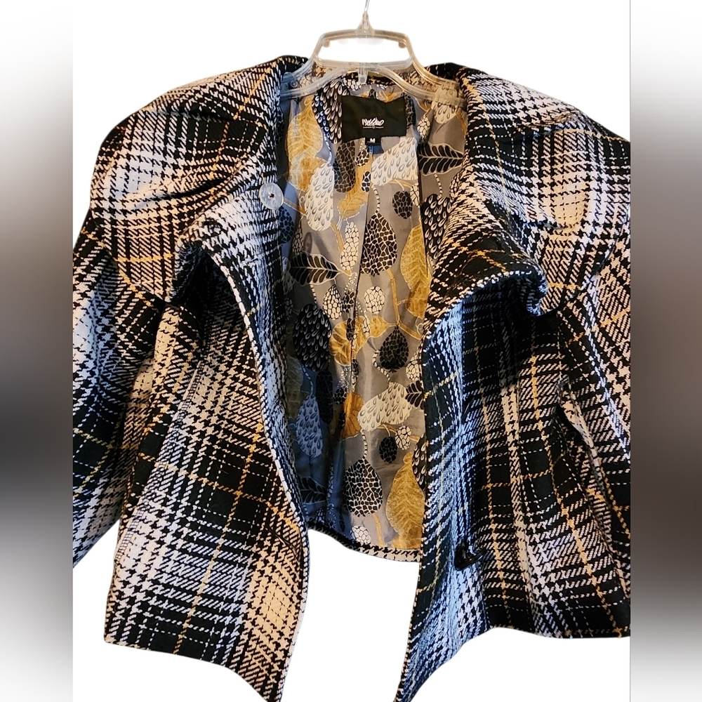 Mossimo Womens Cropped Coat Wool Blend Black White Mustard Plaid Size M - Picture 2 of 5